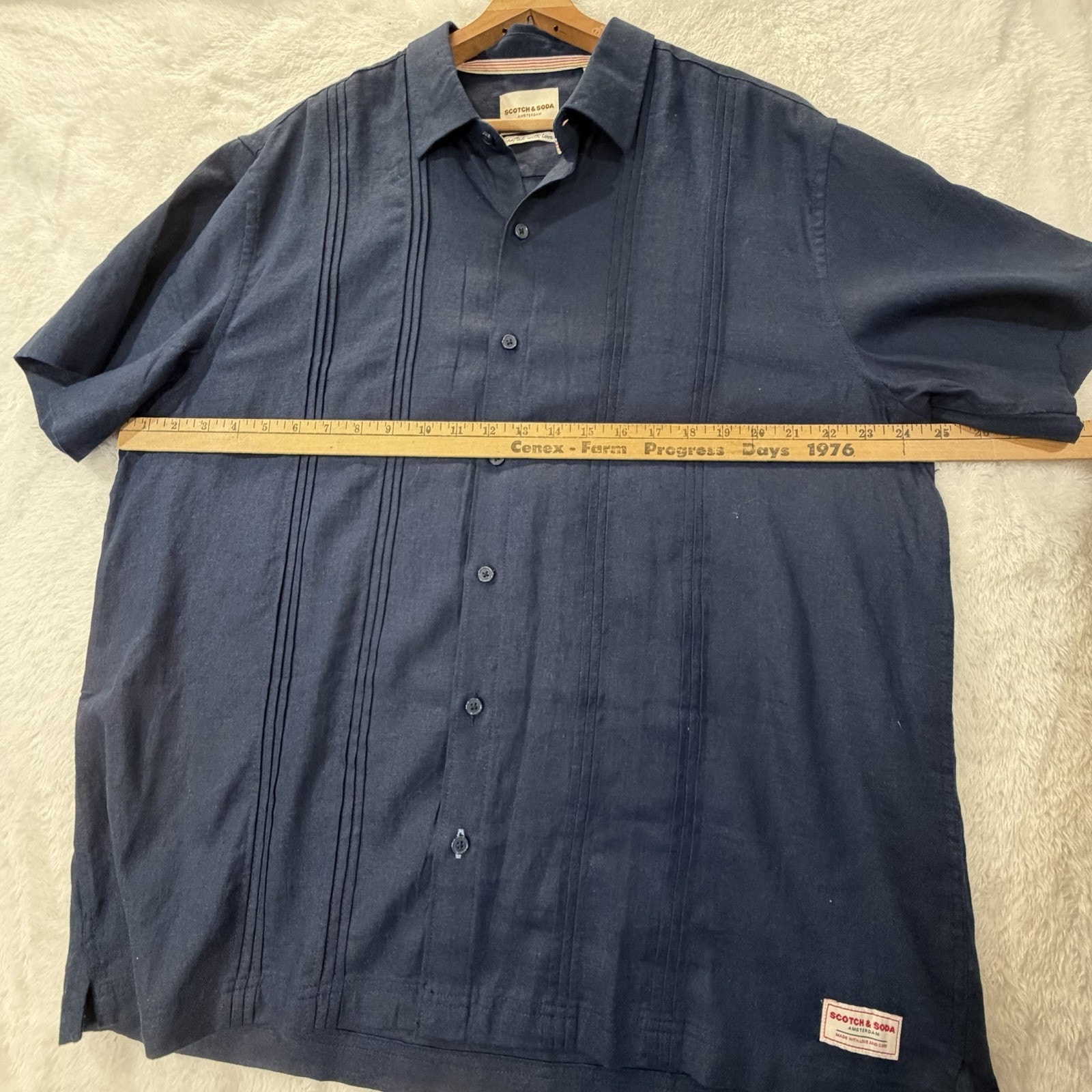 Scotch & Soda Button Down Mens Xl Navy Blue Linen Blend Pintuck Guayabera Shirt — image 8 of 8